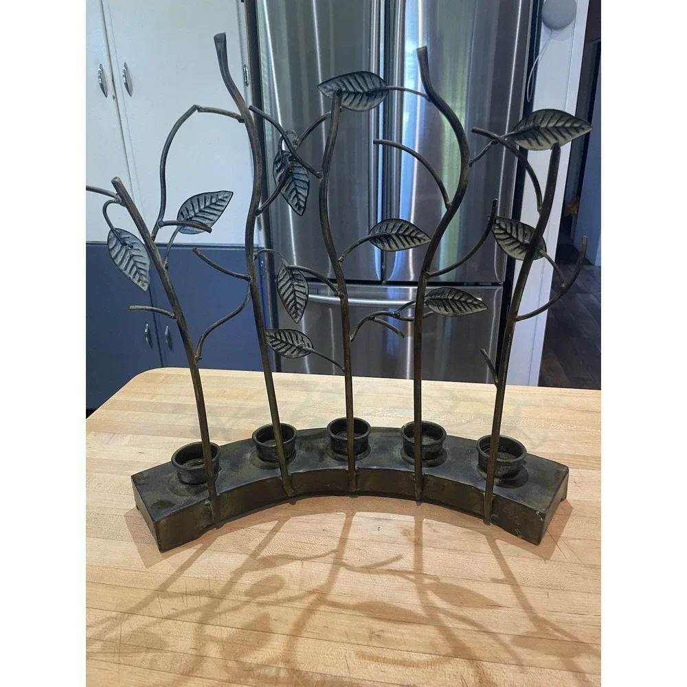 Bronze & Green Twig & Leaf Metal Tea Light 5 Candle Holder Rustic Decor Mantle